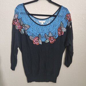Lux Sweater Small Vintage Black Blue Crochet Floral Embroidery Whimsigoth Fairy